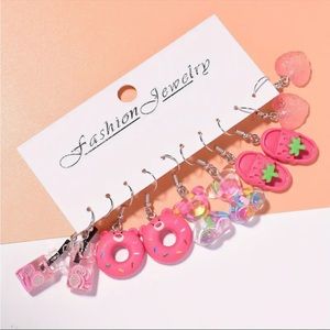Set of 5 Pink Theme Girls Earrings Sandals Hearts Bears Drink Bear Donut